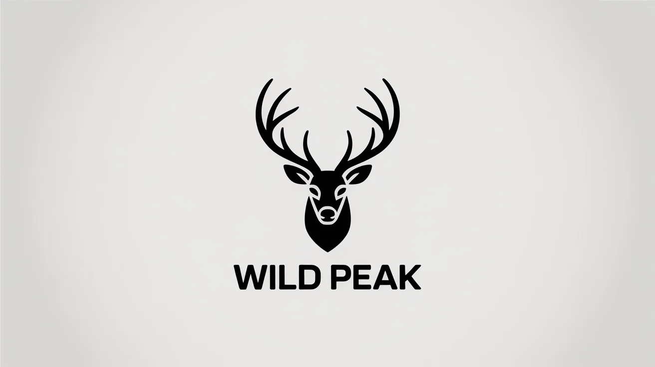 A modern, minimalist black and white logo of a geometric deer head with the words 'WILD PEAK' underneath, presented as a professional mockup on a white background.