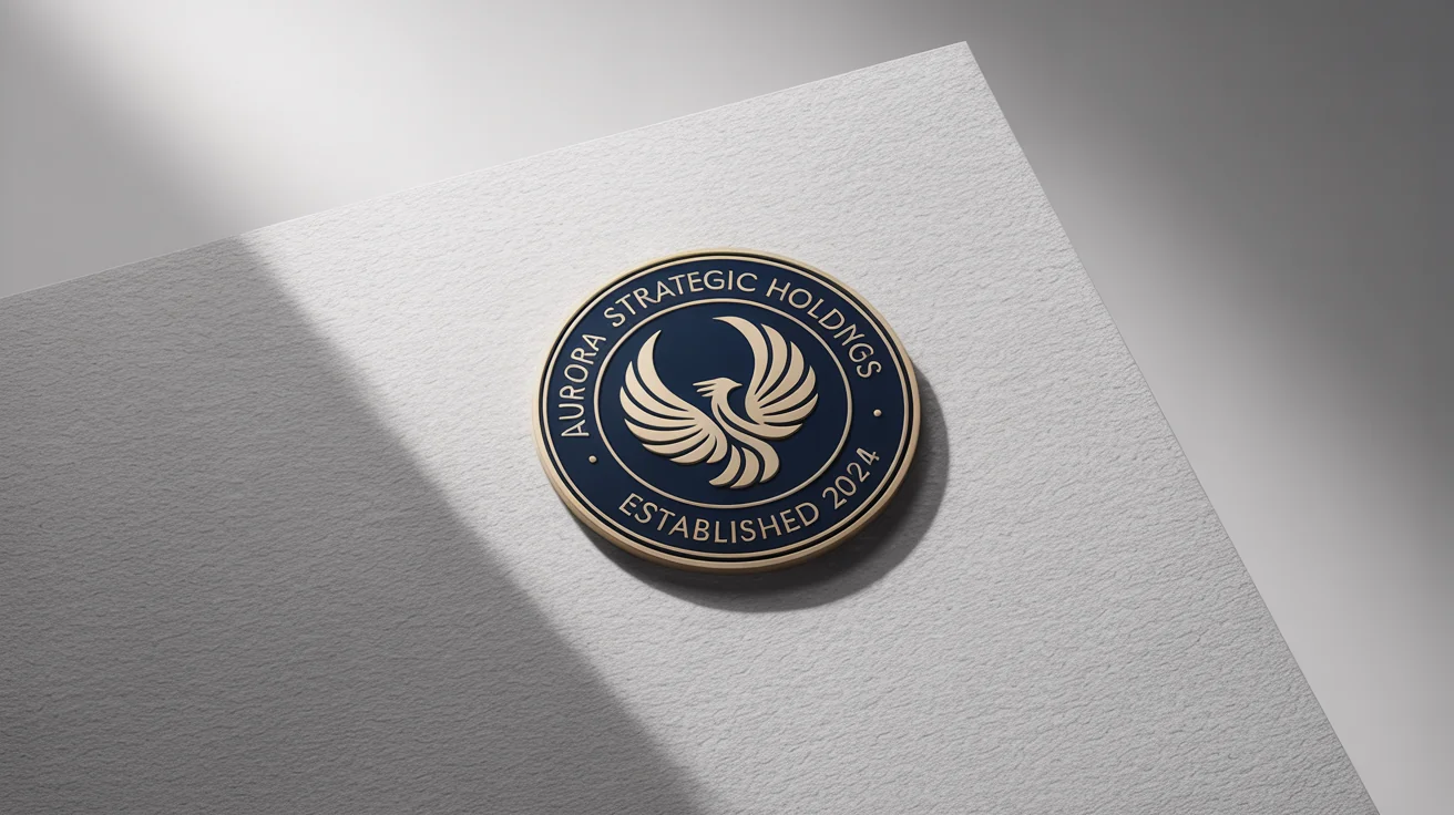 A close-up of a professional company seal for 'Aurora Strategic Holdings', embossed in gold and navy blue on a crisp white document, demonstrating the final output of a seal design tool.