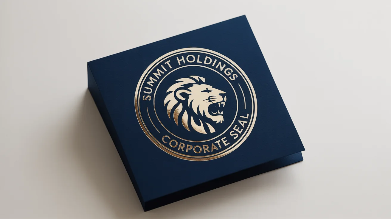 A photorealistic mockup of a luxurious gold foil company seal for 'Summit Holdings' embossed on navy blue cardstock, shown against a clean white background.