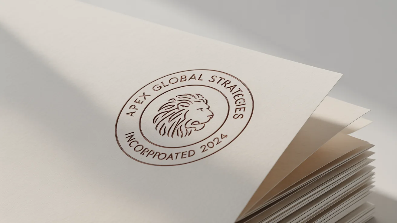 A close-up photograph of a professional company seal embossed on white paper, featuring a lion emblem and the text 'APEX GLOBAL STRATEGIES INCORPORATED 2024'.