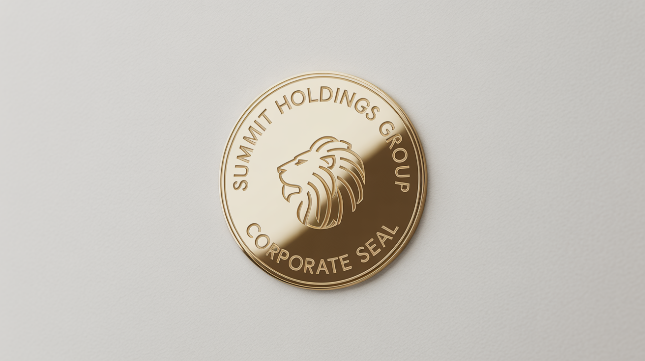 A close-up of a luxurious, circular gold foil company seal for 'Summit Holdings Group' on a clean white background, showcasing its embossed texture.