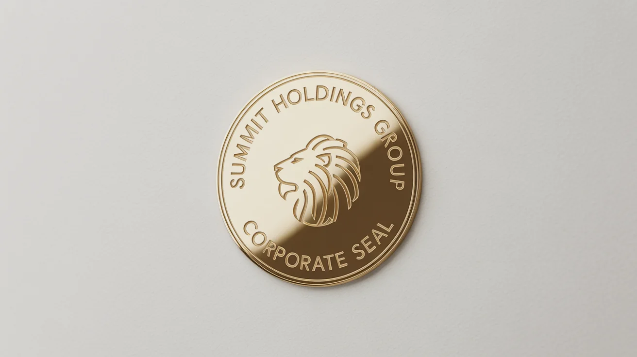 A close-up of a luxurious, circular gold foil company seal for 'Summit Holdings Group' on a clean white background, showcasing its embossed texture.