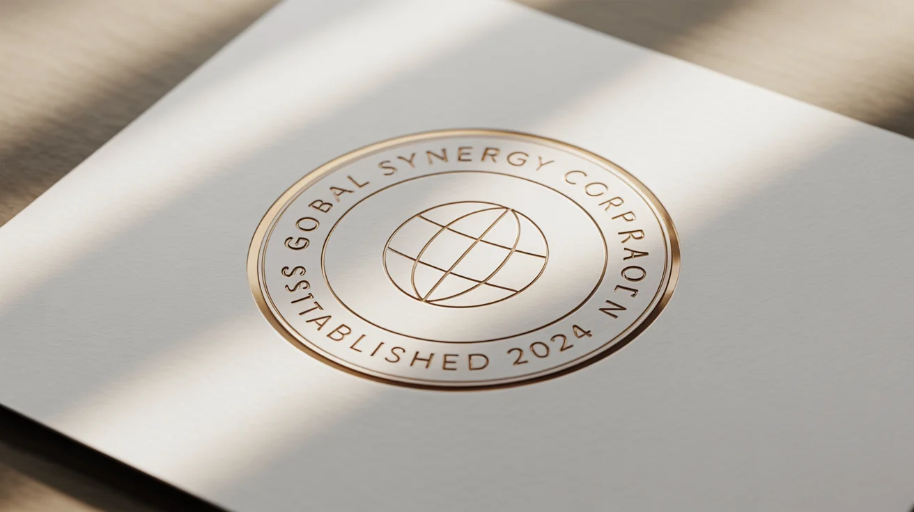 A close-up, photorealistic mockup of an elegant circular company seal for 'Global Synergy Corporation', embossed in shiny gold foil on a piece of textured white paper, set against a plain white background.
