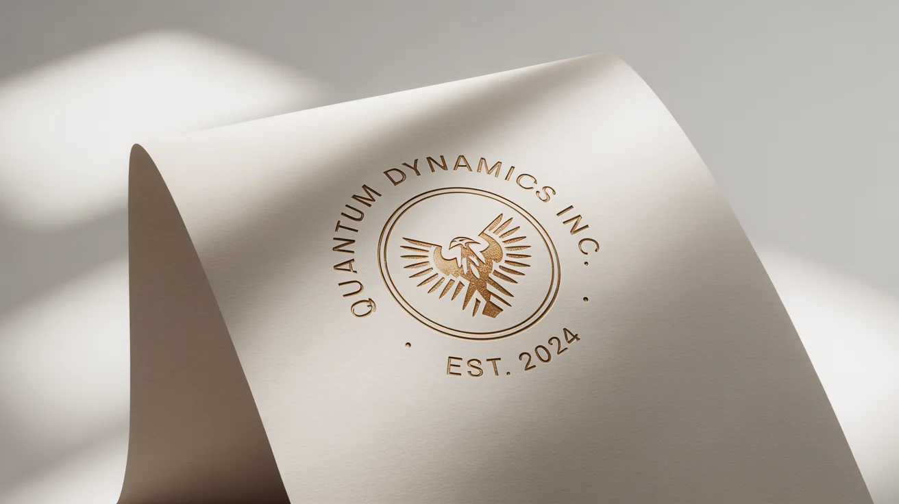 A close-up photograph of a sophisticated gold foil company seal for 'Quantum Dynamics Inc.' embossed on a sheet of premium white paper, set against a clean white background.