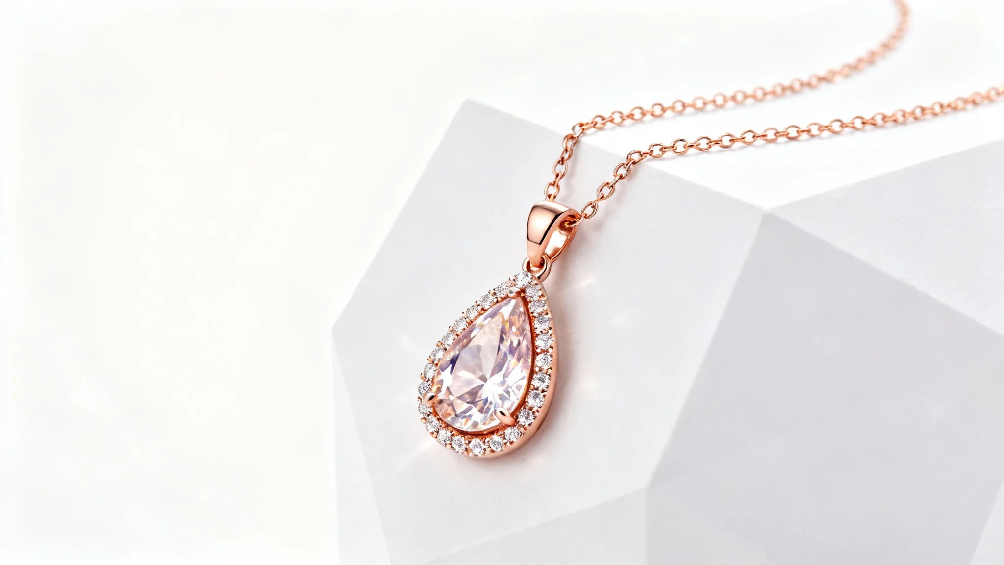 A photorealistic mockup of a delicate rose gold necklace with a pink morganite and diamond pendant, elegantly displayed on a white block against a white background.