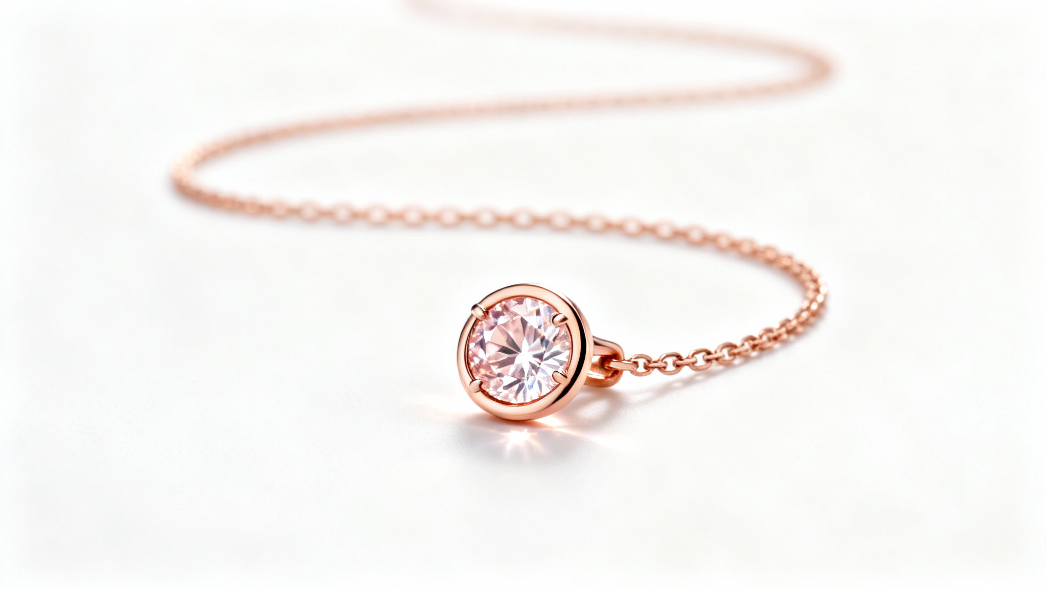 A studio photograph of a delicate rose gold necklace with a sparkling pink morganite gemstone pendant, displayed elegantly against a clean white background.