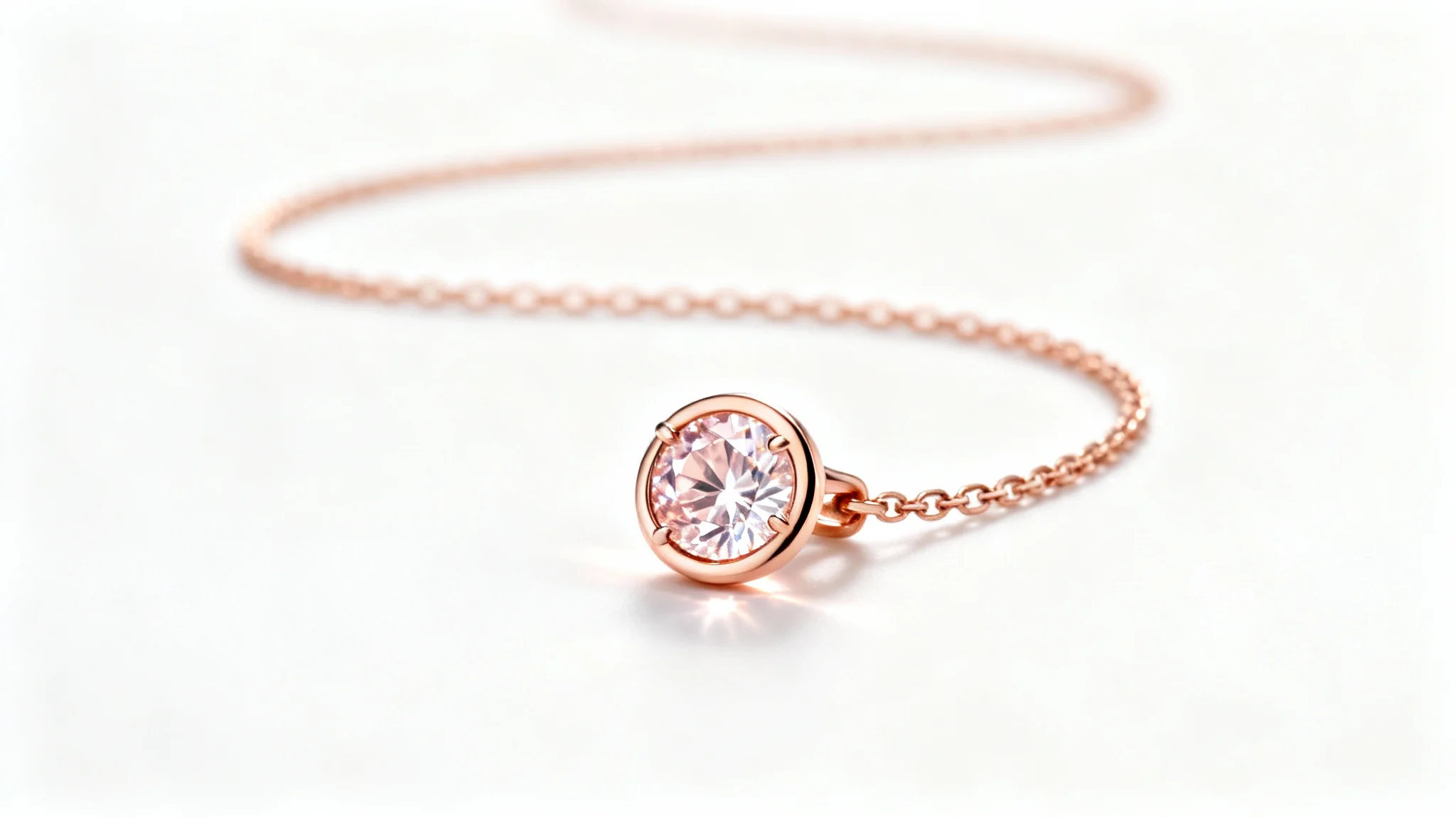 A studio photograph of a delicate rose gold necklace with a sparkling pink morganite gemstone pendant, displayed elegantly against a clean white background.
