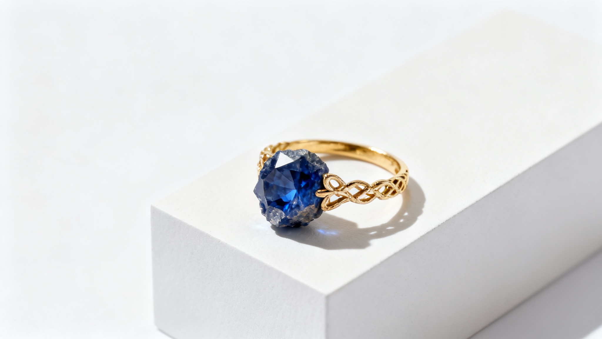 A close-up studio photograph of a handcrafted gold ring with an intricate band holding a raw, uncut sapphire, set against a pristine white background.