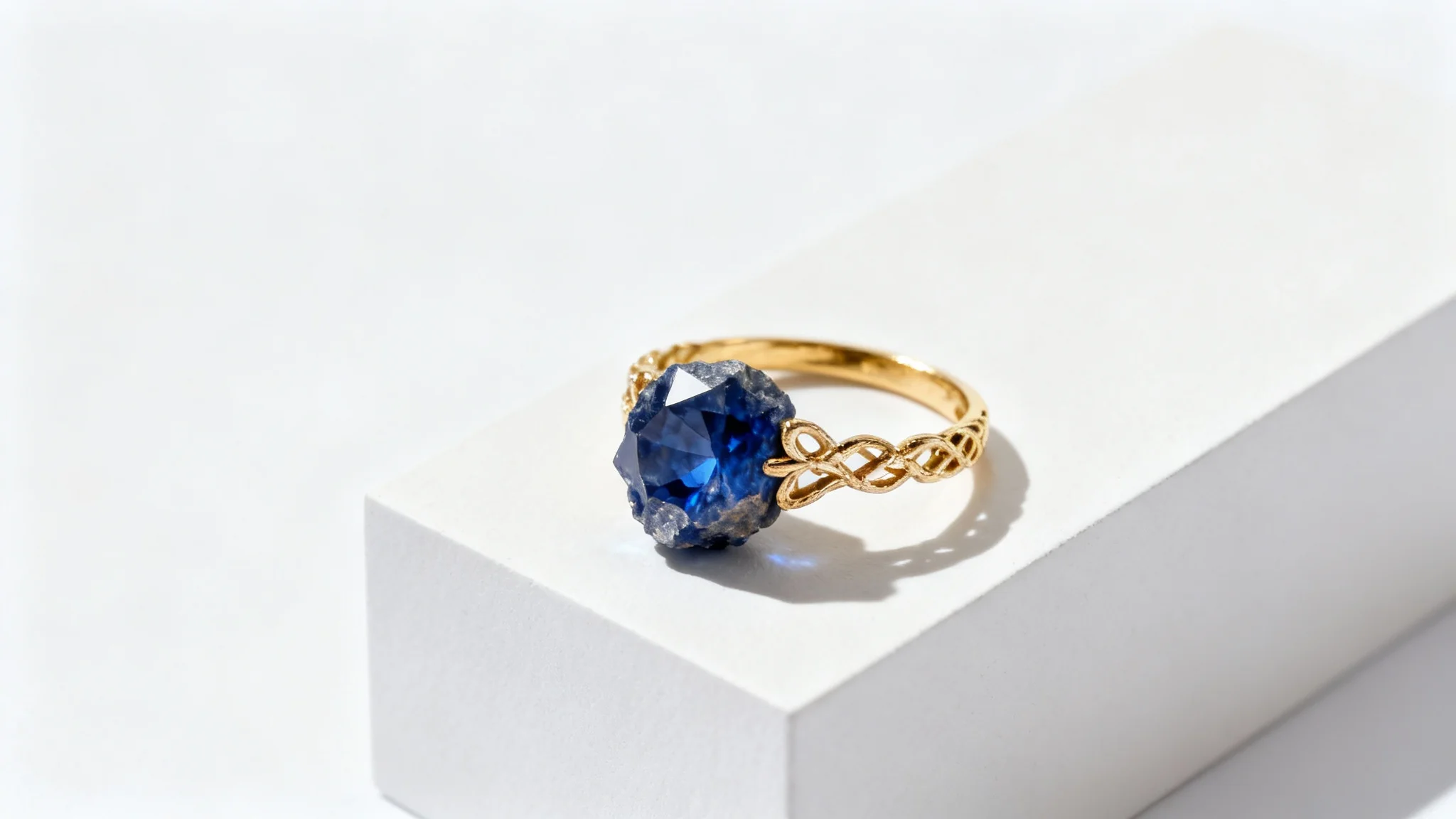 A close-up studio photograph of a handcrafted gold ring with an intricate band holding a raw, uncut sapphire, set against a pristine white background.