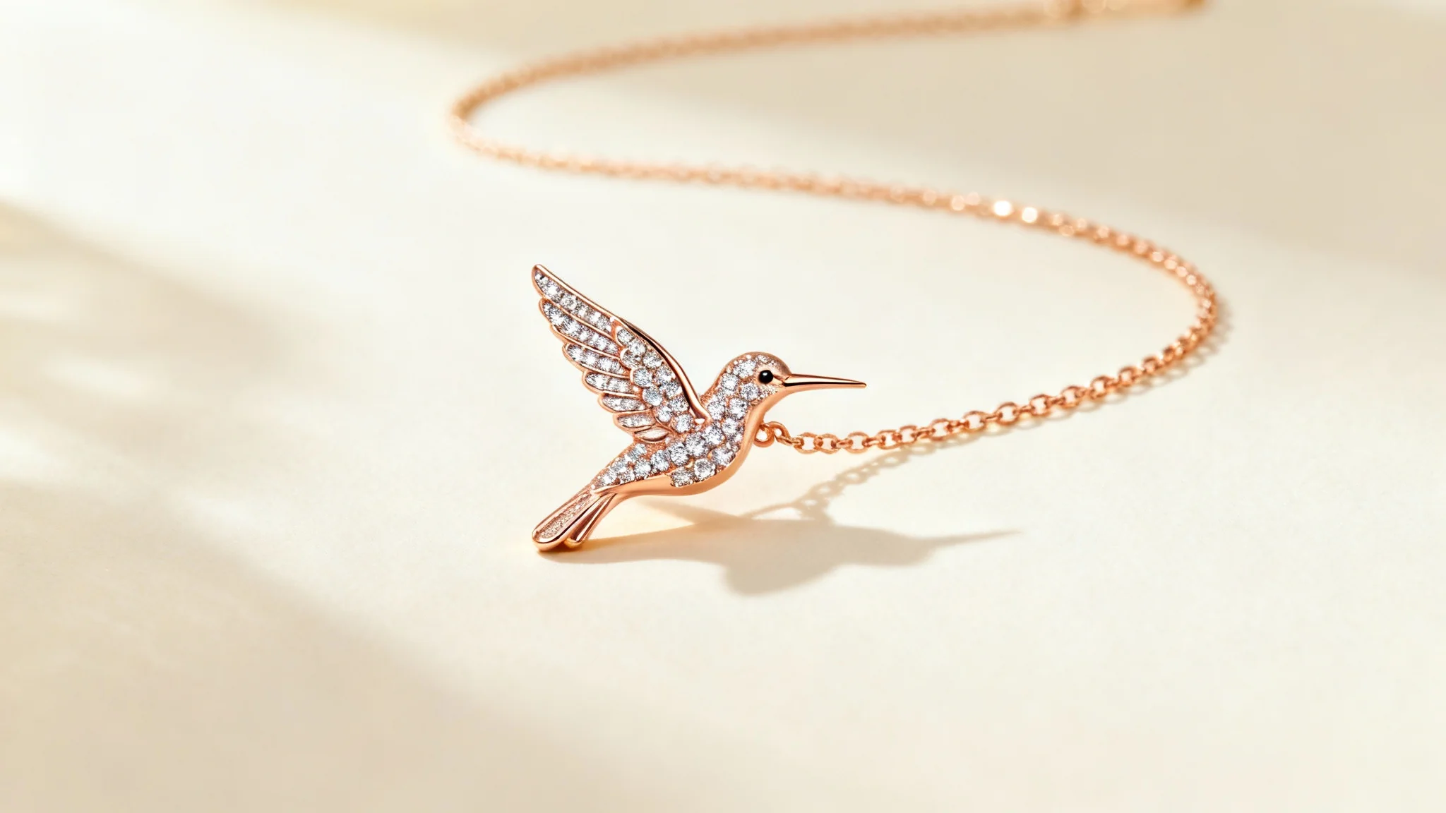 A photorealistic mockup of a delicate rose gold necklace with a diamond-encrusted hummingbird pendant, elegantly displayed on a clean white background.