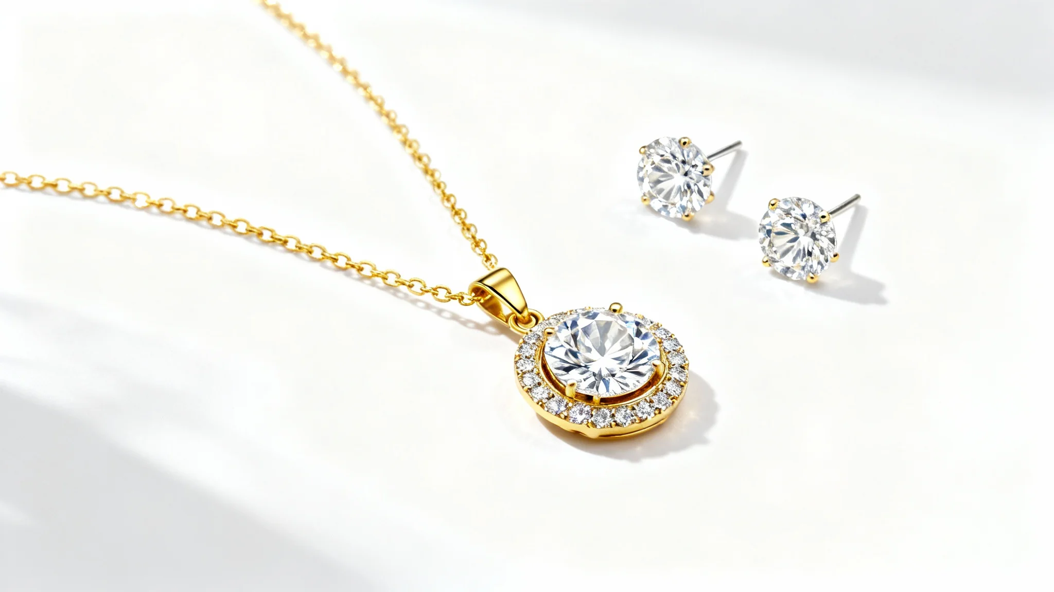 An elegant gold necklace with a diamond pendant and matching diamond stud earrings, displayed on a clean white background.