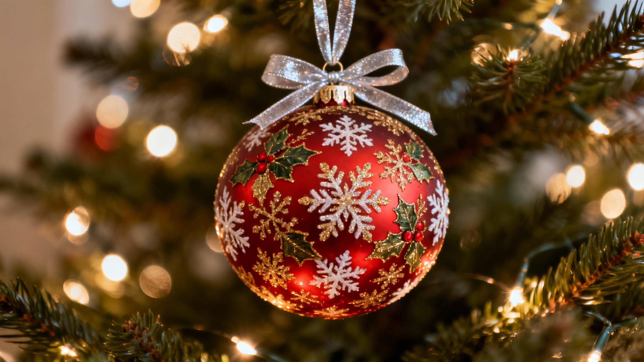 A professional photo of a red and gold Christmas ornament with snowflake patterns, hanging in front of a beautifully blurred Christmas tree with twinkling lights.