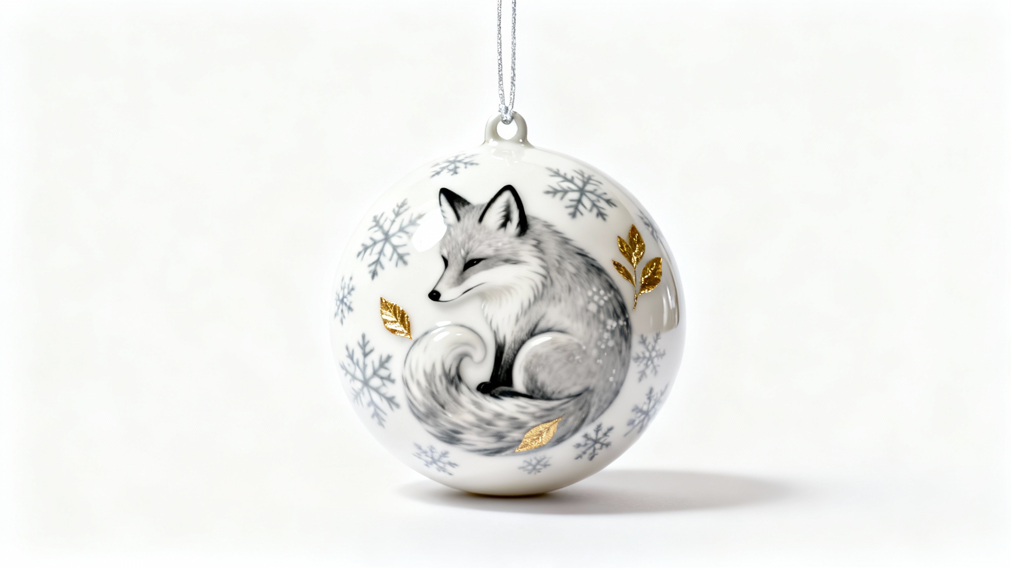A photorealistic mockup of a single round, white ceramic ornament with a gold-leaf and snowflake design of a fox, hanging against a plain white background.