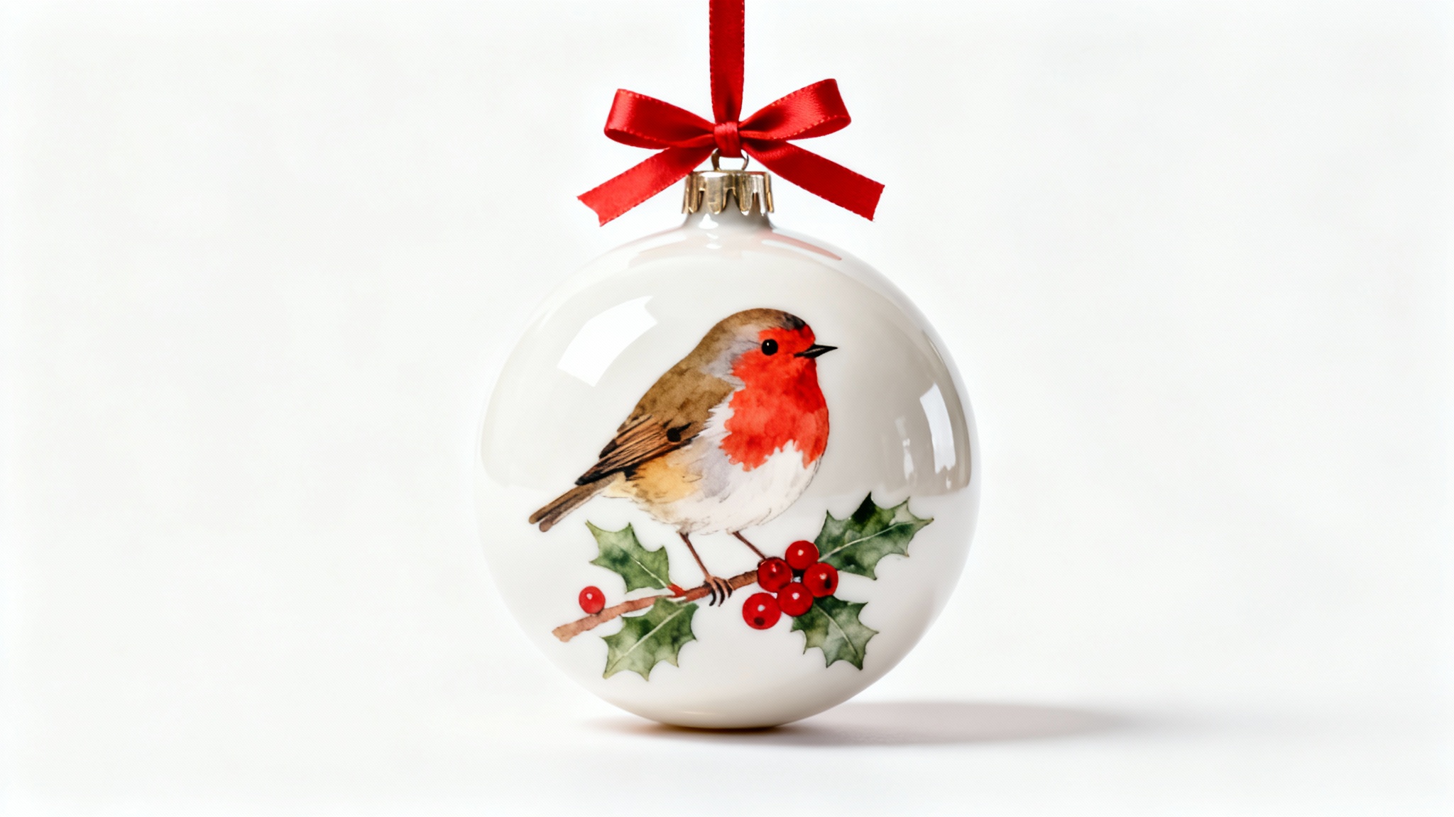 A product mockup of a round ceramic Christmas ornament with a watercolor illustration of a robin on a holly branch, hanging from a red ribbon against a plain white background.