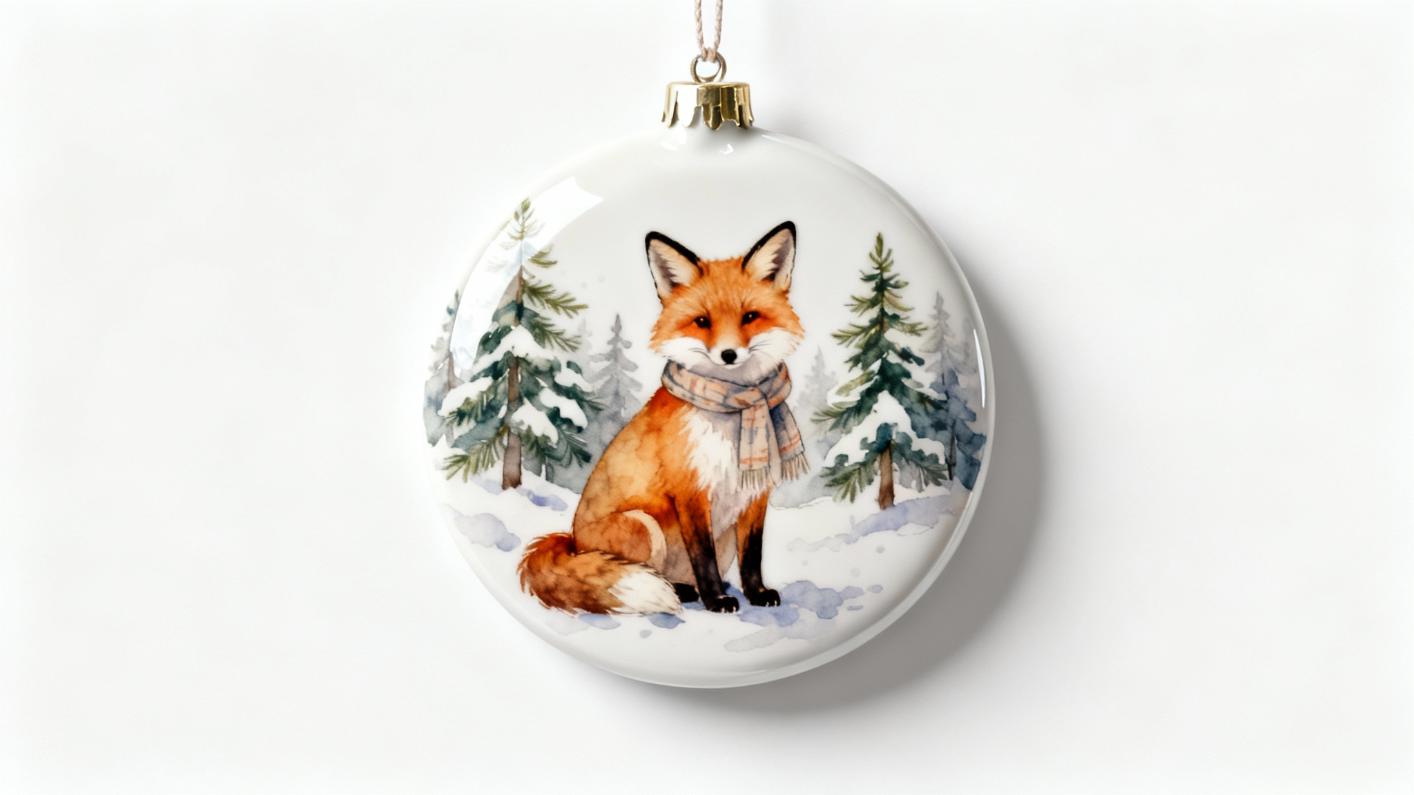 A close-up mockup of a round, glossy white ceramic ornament with a watercolor painting of a fox in a snowy forest, hanging against a plain white background.
