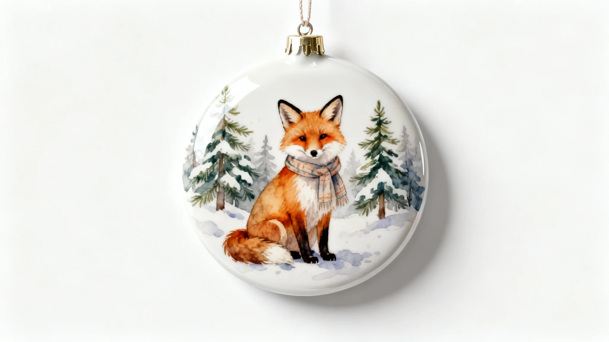 A close-up mockup of a round, glossy white ceramic ornament with a watercolor painting of a fox in a snowy forest, hanging against a plain white background.