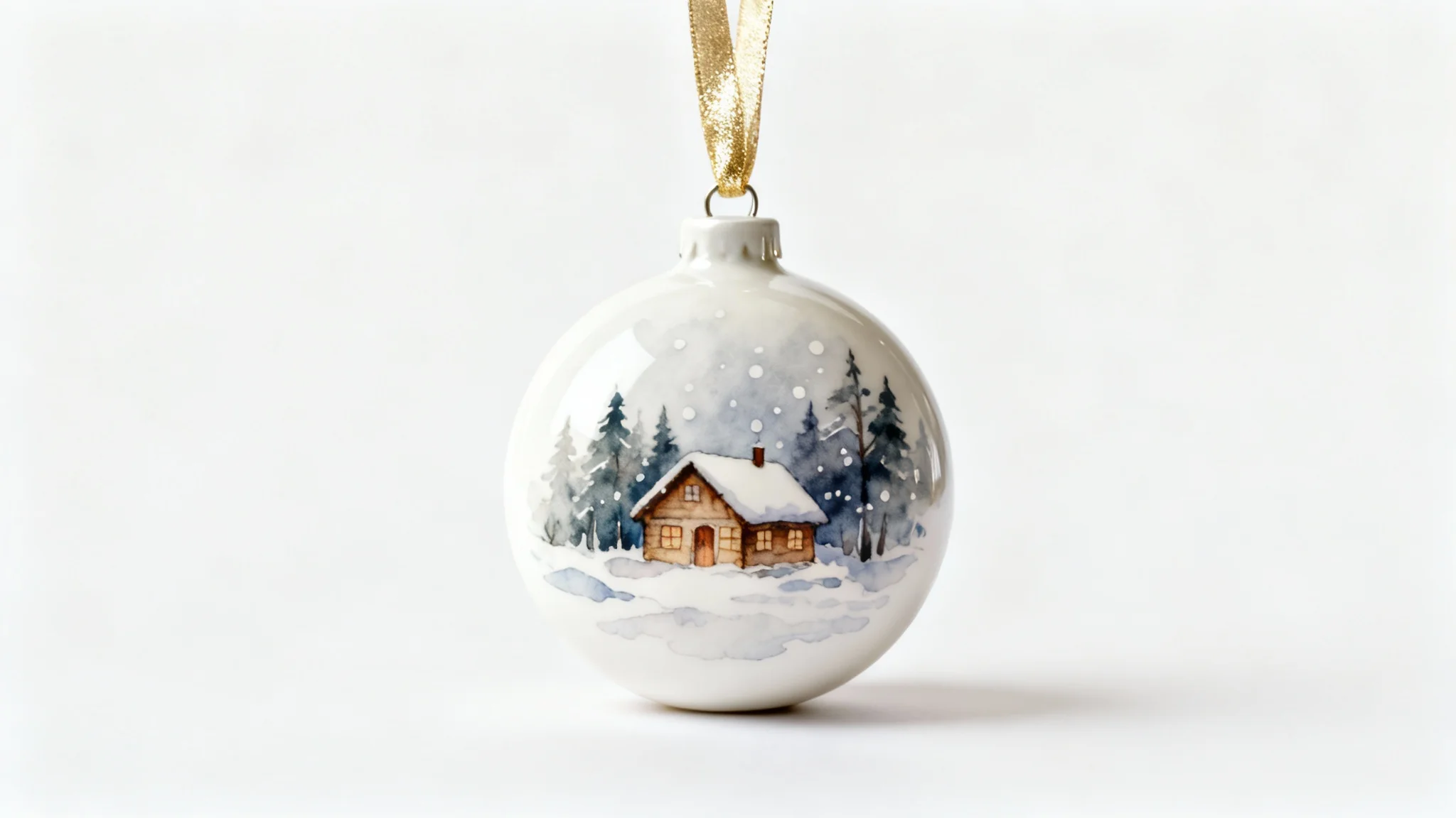 A close-up product mockup of a round, white ceramic ornament featuring a watercolor painting of a winter cabin in a snowy forest, hanging by a gold ribbon against a plain white background.