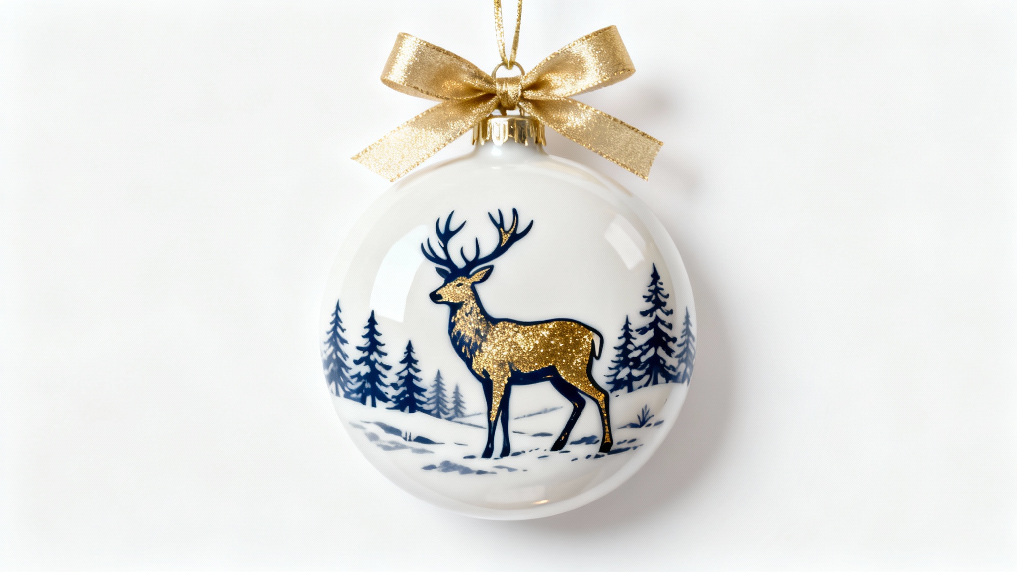 A photorealistic mockup of a round, glossy white ceramic ornament featuring a minimalist gold and blue illustration of a deer in a winter forest, hanging from a gold ribbon against a clean white background.