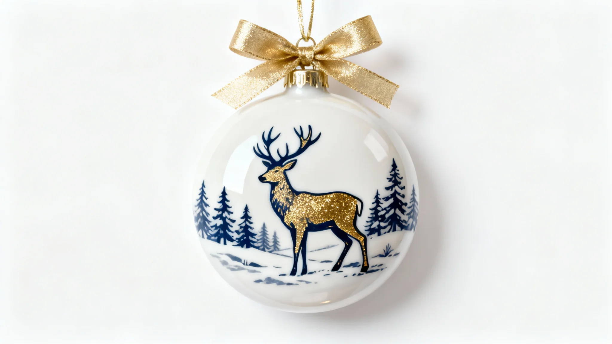 A photorealistic mockup of a round, glossy white ceramic ornament featuring a minimalist gold and blue illustration of a deer in a winter forest, hanging from a gold ribbon against a clean white background.