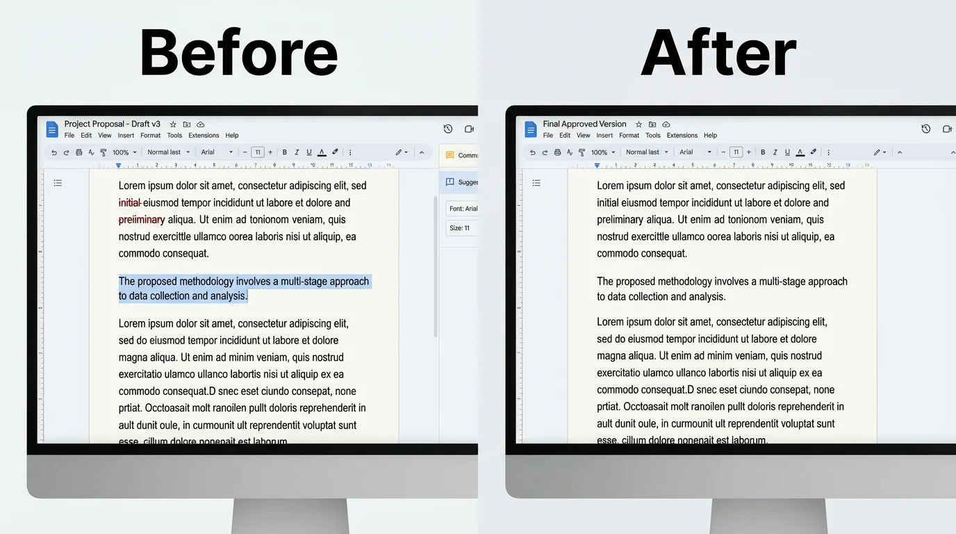 A before-and-after comparison showing a screenshot text editor's result. The 'before' image is a messy screenshot of a document, and the 'after' image is the same screenshot with the text cleanly and seamlessly edited.