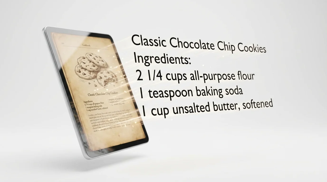 A conceptual image illustrating a screenshot text editor. A screenshot of a cookie recipe is on the left, with text like 'Ingredients' and 'all-purpose flour' floating out of it and arranging itself into neat, editable text on a white background.