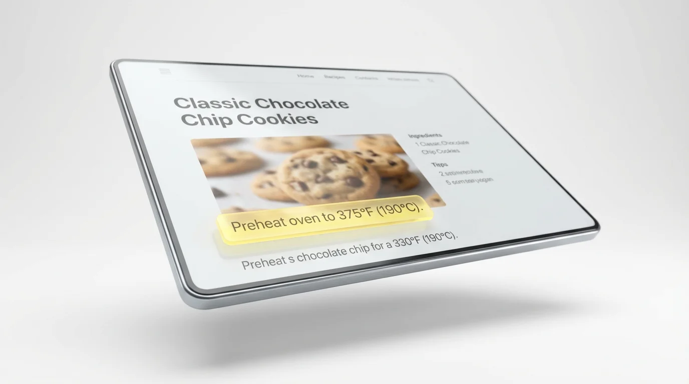 A mockup for a screenshot text editor tool, showing a screenshot of a cookie recipe where a line of text is highlighted in yellow, demonstrating the ability to select and edit text from an image.