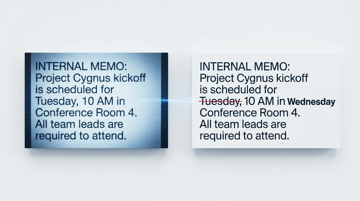 A conceptual image showing text from a screenshot being edited. On the left is a pixelated block of text, and on the right is the same text made crisp and clear, with one word corrected.