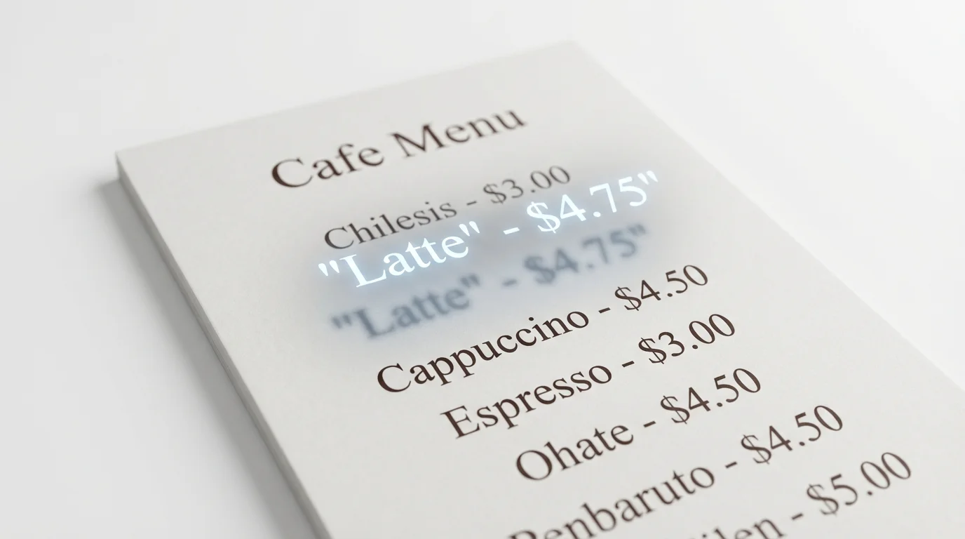A conceptual image for a screenshot text editor, showing the words 'Latte - $4.75' magically lifting off a photograph of a cafe menu, symbolizing the extraction of text from an image.