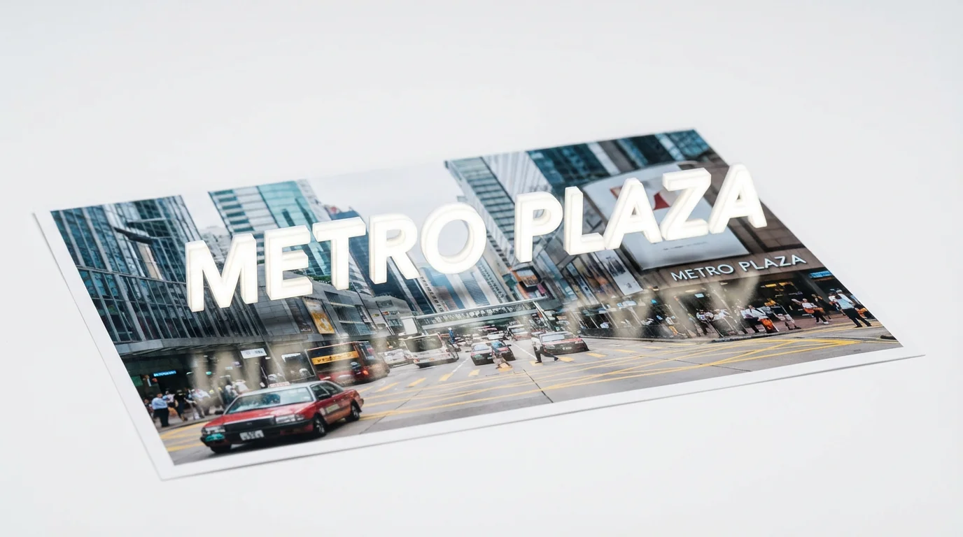 A conceptual image representing a screenshot text editor, showing the words 'METRO PLAZA' being magically lifted off a photograph of a building.