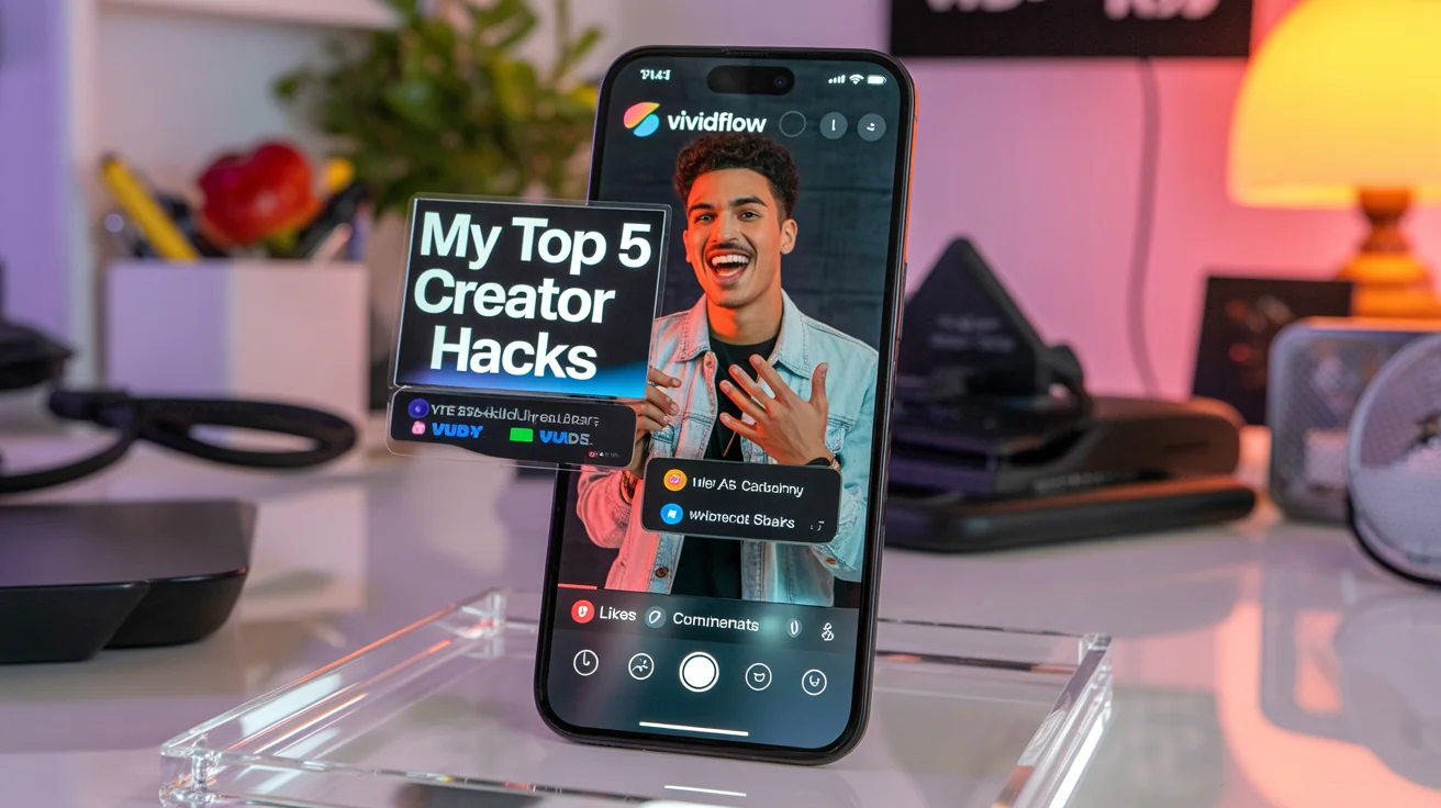 A smartphone screen displaying a professionally edited short-form video. The video features a young man sharing creator hacks, with bold titles and animated captions, demonstrating a high-quality final product.