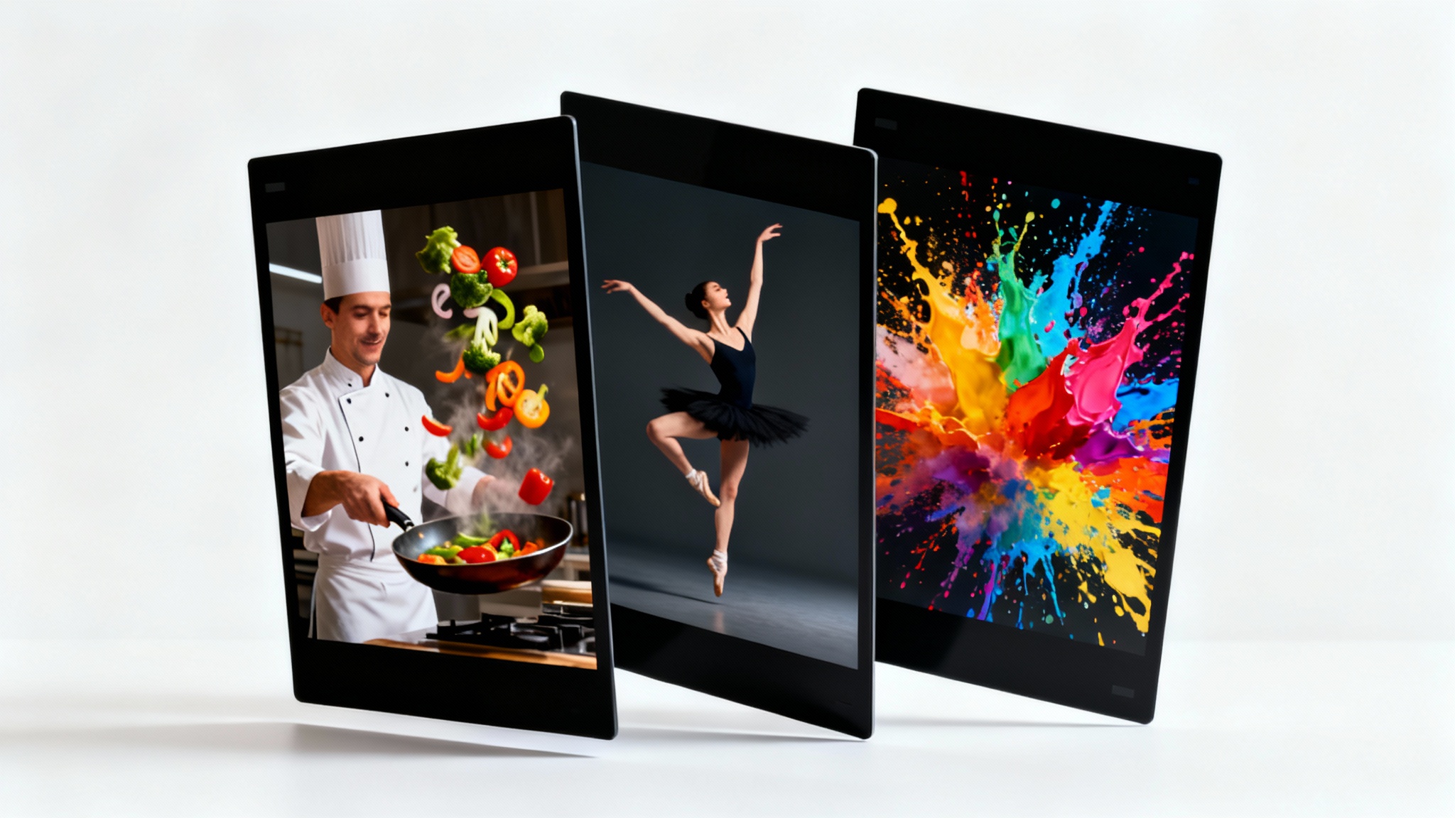 A mockup representing short-form video content, showing three vertical image stills fanned out on a white background. The images depict high-energy scenes: a chef cooking, a dancer in mid-air, and a splash of paint.