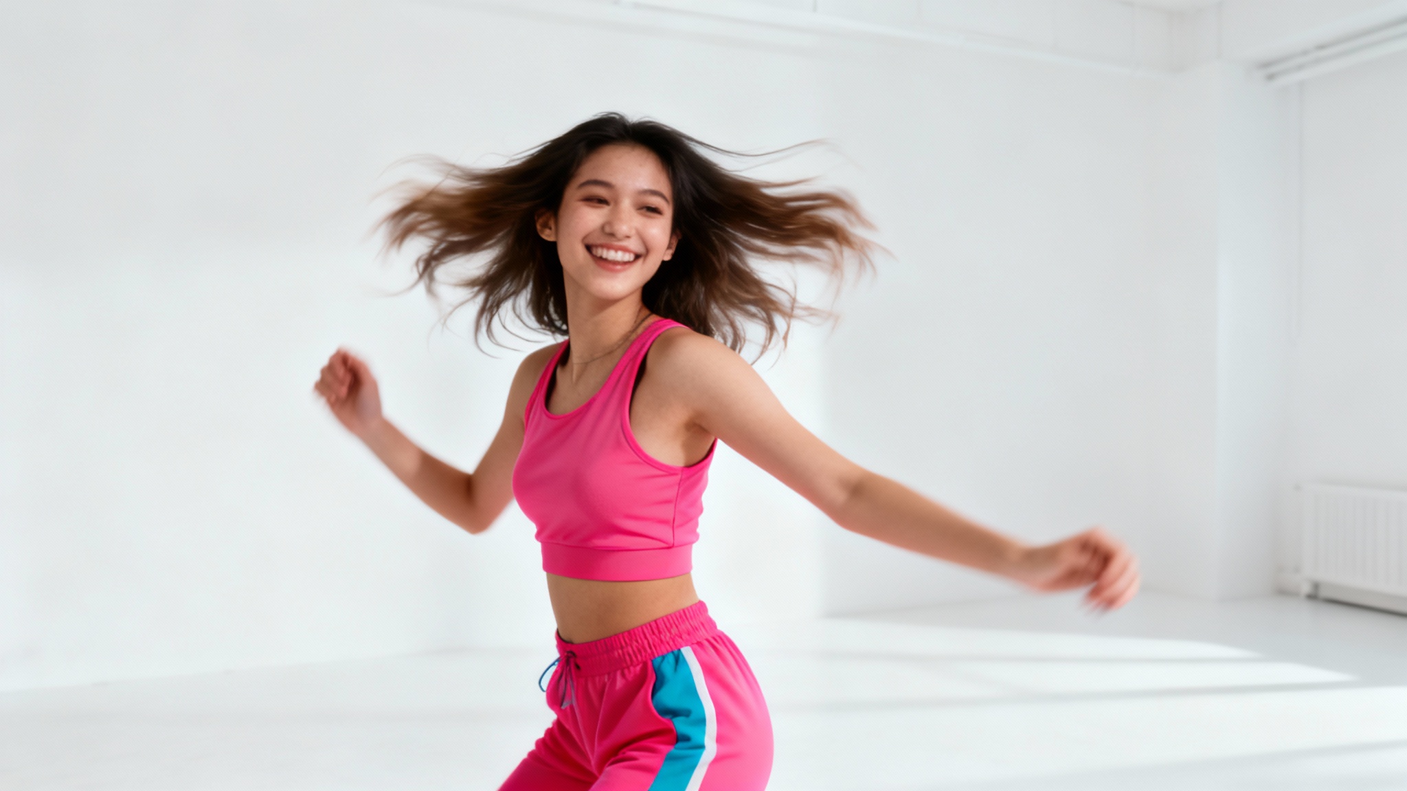 An energetic young woman in trendy athleisure wear captured mid-dance move against a clean white background, symbolizing the creation of a dynamic short-form video.