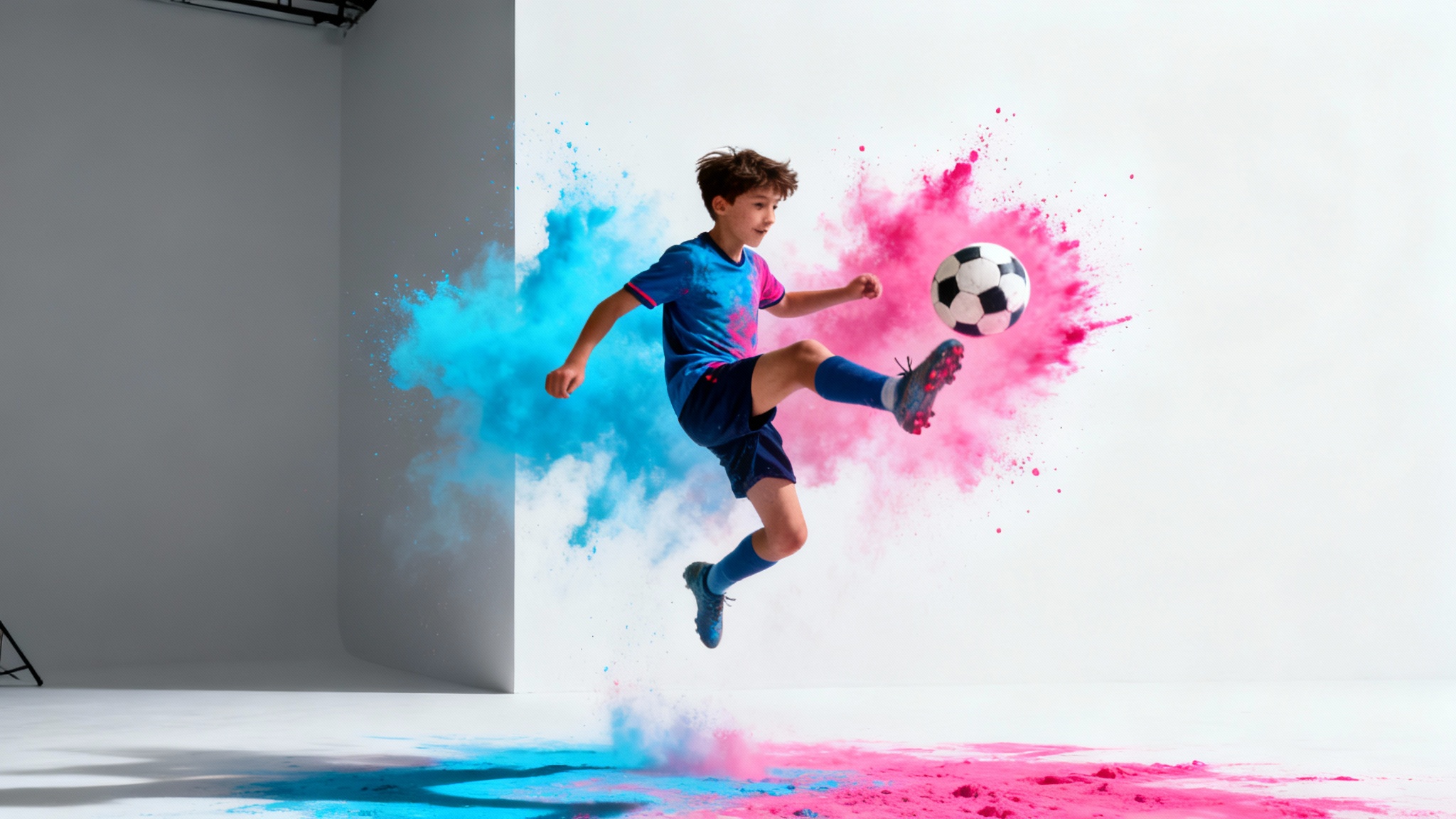 A mockup representing a short-form video, showing an athlete mid-air kicking a soccer ball that explodes into a cloud of colorful powder.