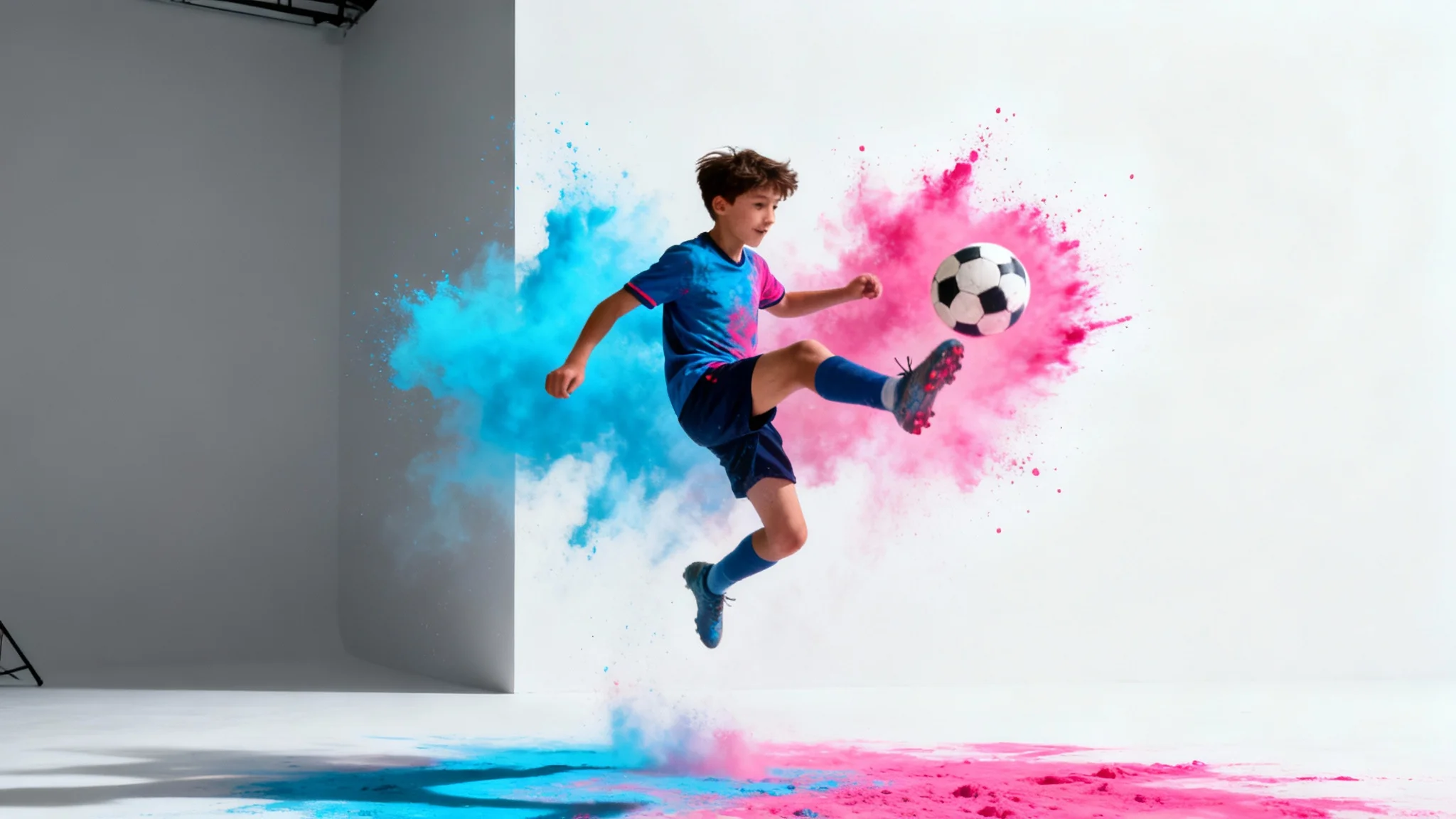 A mockup representing a short-form video, showing an athlete mid-air kicking a soccer ball that explodes into a cloud of colorful powder.