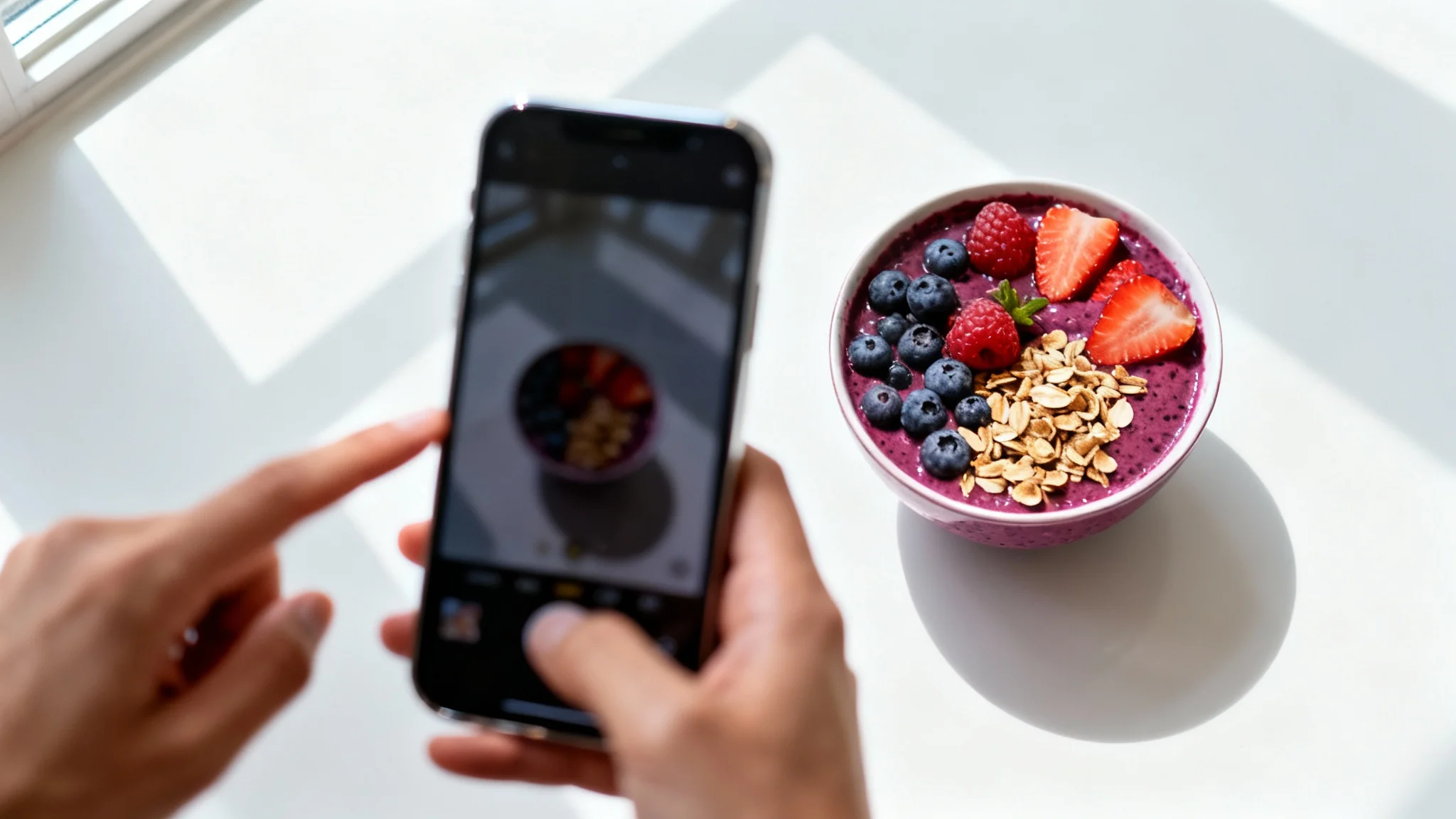 A pair of hands holding a smartphone vertically, filming a colorful bowl of acai from a top-down perspective, representing the creation of a short-form video. The background is a clean white surface.
