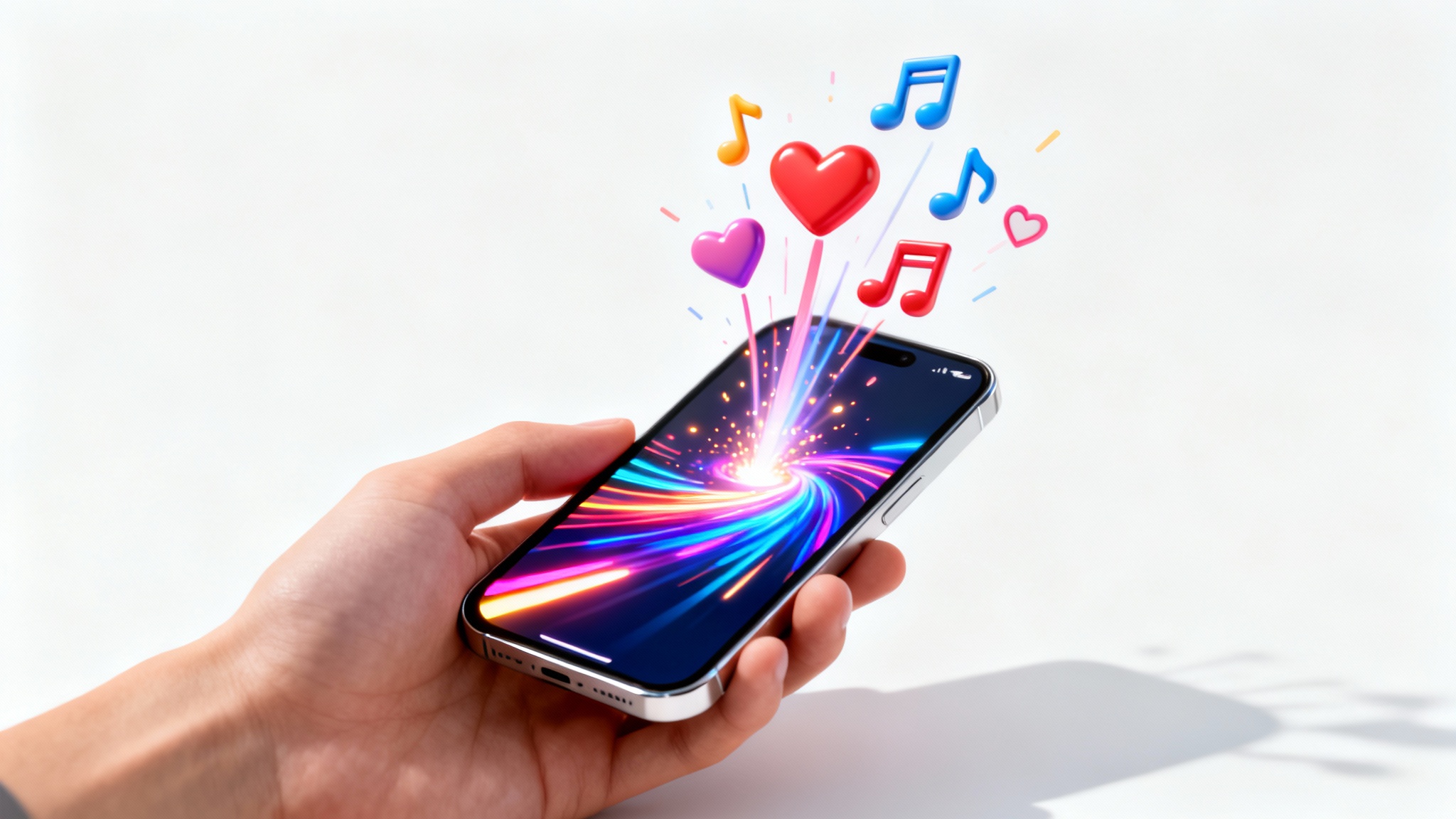 A hand holding a modern smartphone against a white background, with a vibrant, abstract video on the screen and 3D heart and music icons flying out of it, symbolizing an engaging short-form video.