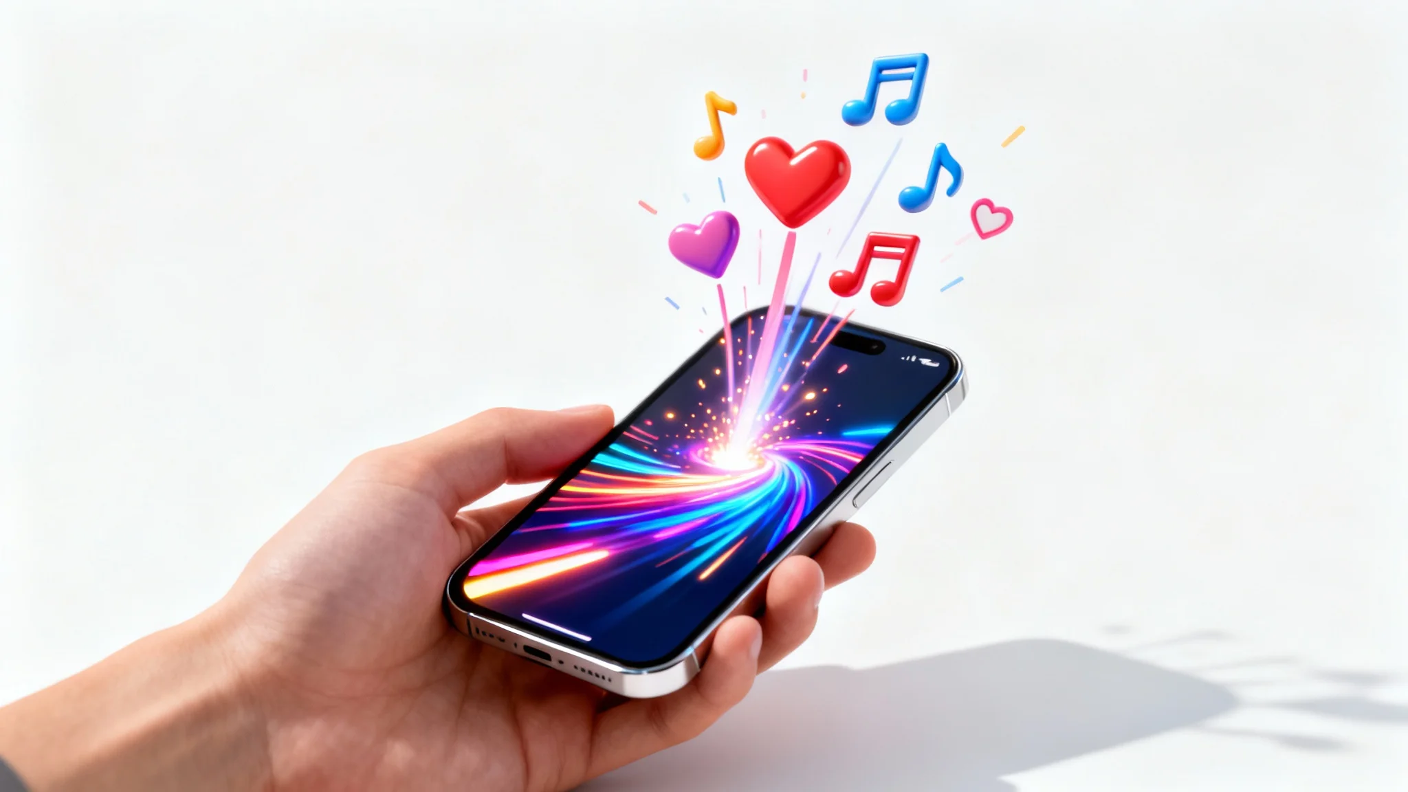 A hand holding a modern smartphone against a white background, with a vibrant, abstract video on the screen and 3D heart and music icons flying out of it, symbolizing an engaging short-form video.