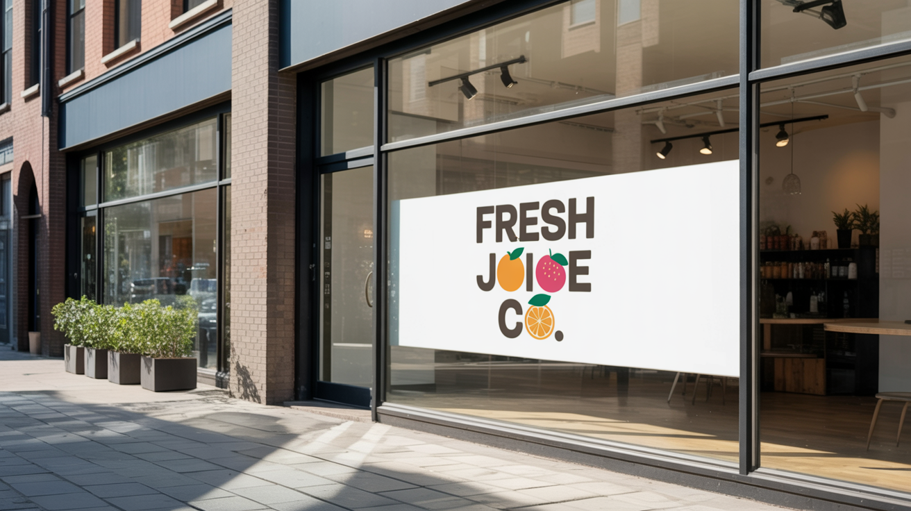 A photorealistic hero image showing a final window decal mockup for 'Fresh Juice Co.' applied to a sunny storefront window, featuring vibrant fruit illustrations and modern typography.
