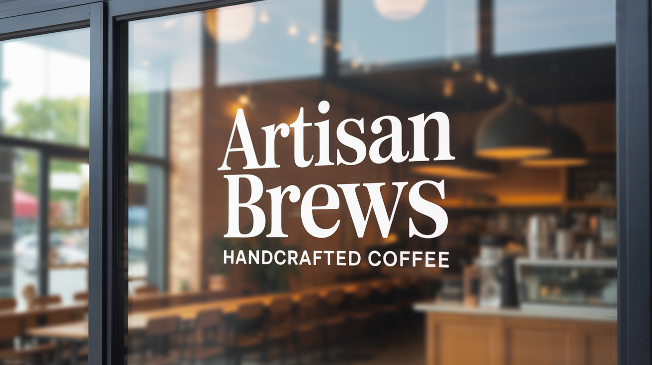 A professional mockup of a white window decal for a coffee shop named 'Artisan Brews', shown on a clean glass storefront with the warm cafe interior blurred in the background.