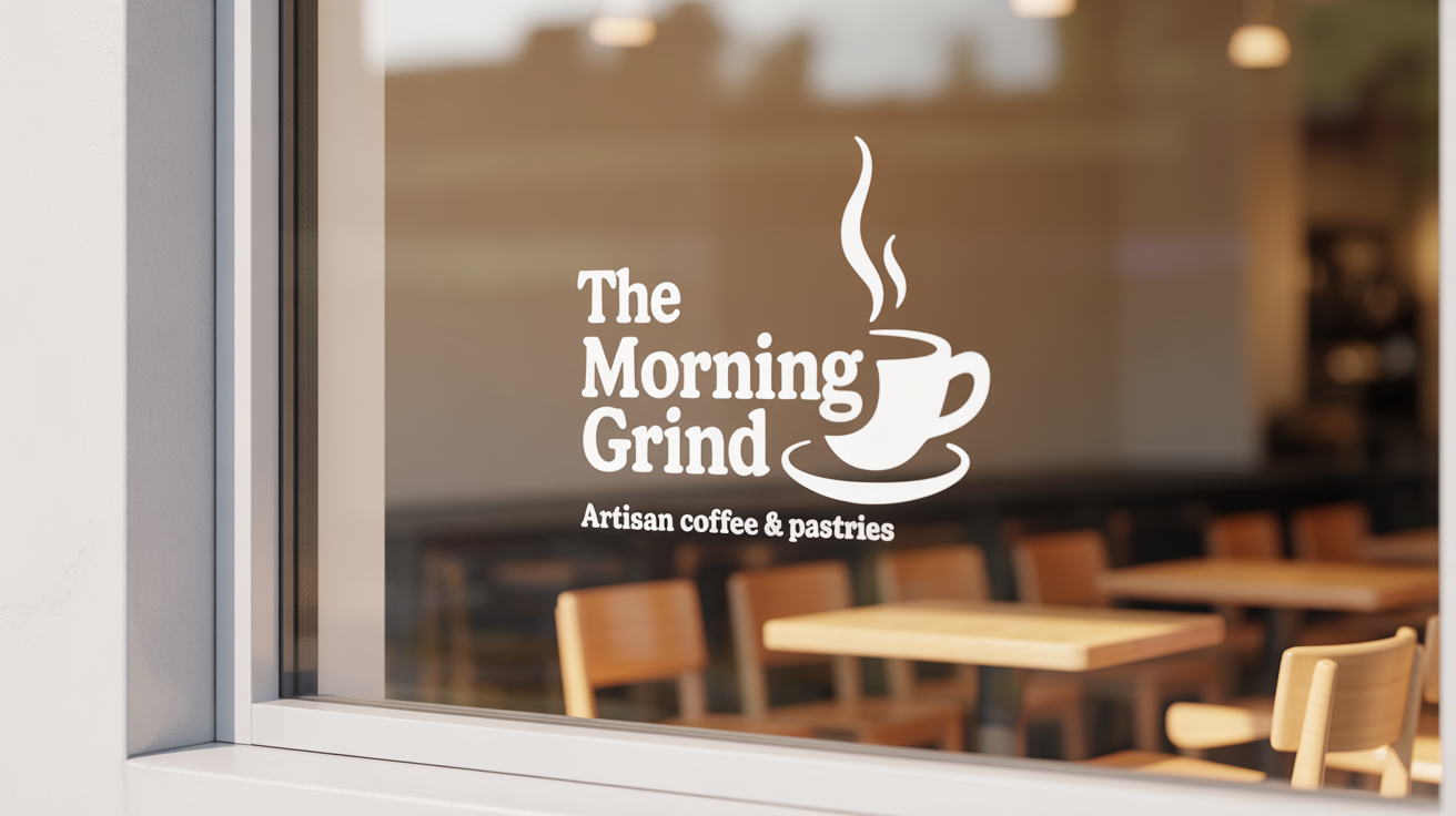 A photorealistic mockup of a white vinyl window decal for a coffee shop named 'The Morning Grind' on a clean glass window, set against a plain white background.