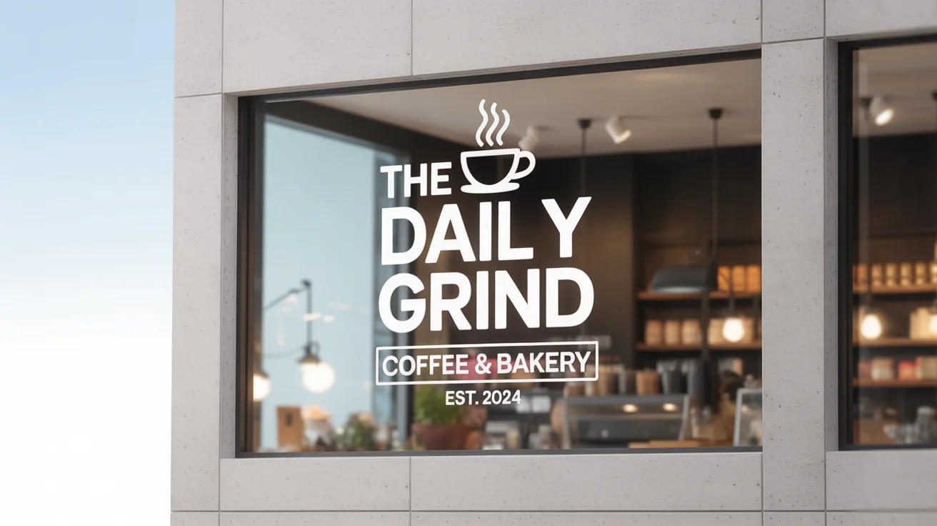 A photorealistic mockup of a white vinyl window decal for a coffee shop named 'The Daily Grind' applied to a clean storefront window.
