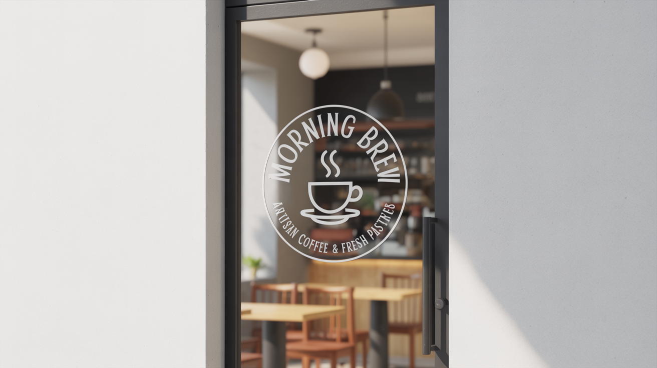 A photorealistic mockup of a white vinyl window decal for a cafe called 'Morning Brew' applied to a glass door, set against a clean white background.