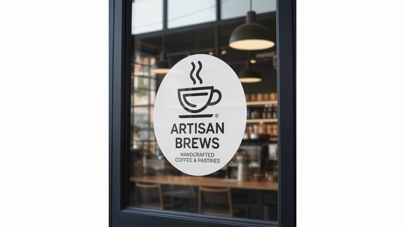 A professional mockup of a circular white window decal for a coffee shop named 'Artisan Brews', applied to a clean storefront window against a white background.