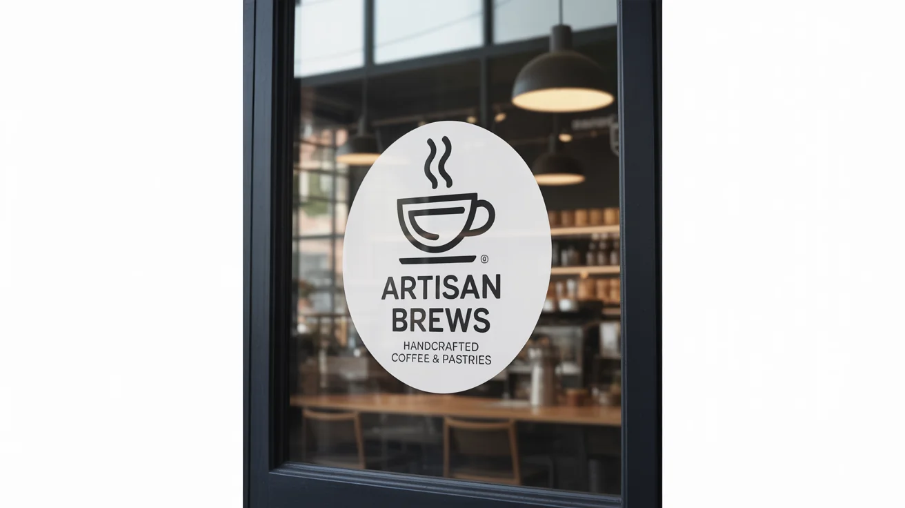 A professional mockup of a circular white window decal for a coffee shop named 'Artisan Brews', applied to a clean storefront window against a white background.