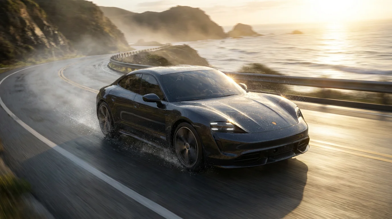 A hyper-realistic 3D render of a sleek sports car speeding along a wet coastal road at sunrise, with dynamic motion blur and sea spray creating a dramatic and powerful final image.