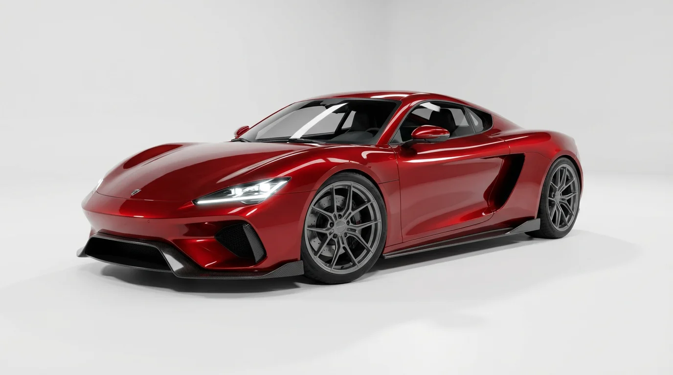 A photorealistic 3D render of a glossy red concept sports car with carbon fiber details, shown from a dynamic angle in a clean white studio setting.