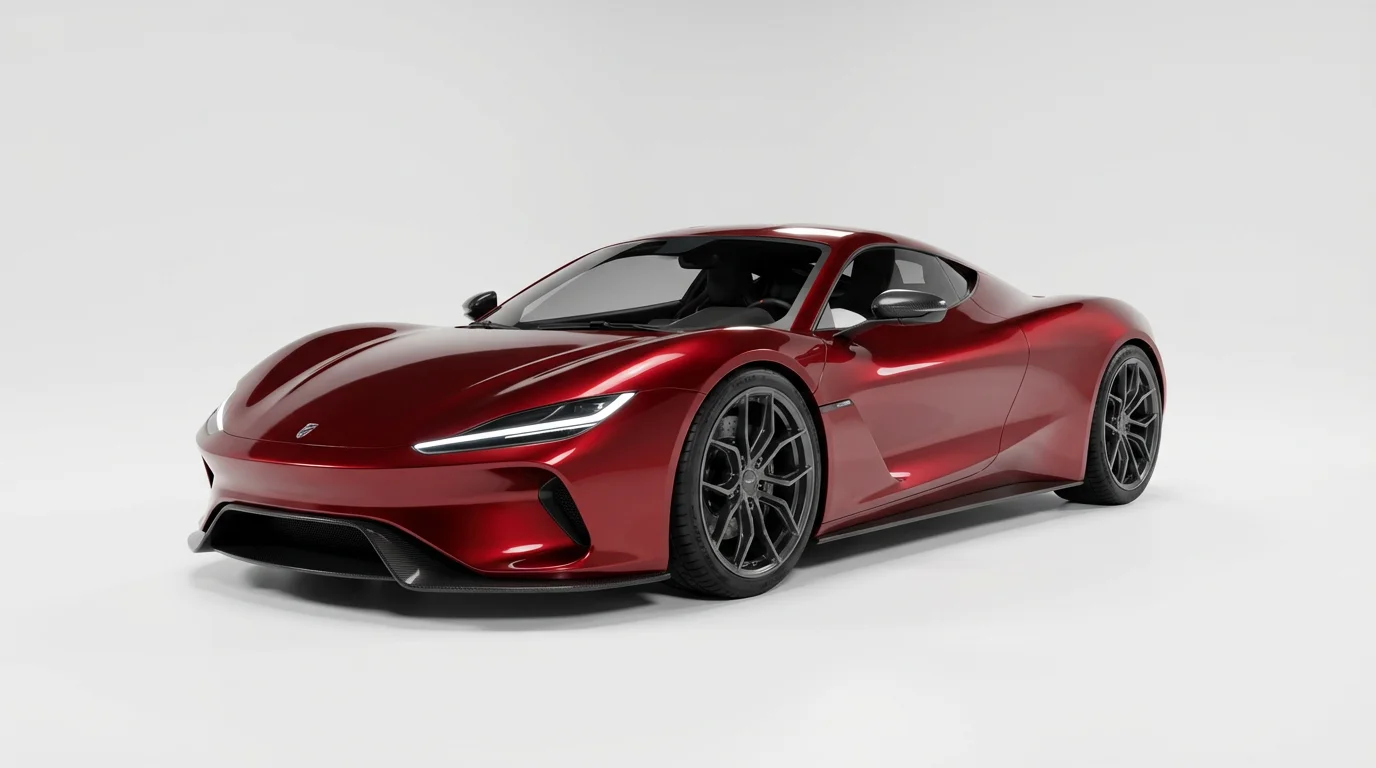 A photorealistic 3D render of a sleek, metallic red concept sports car with glowing headlights, shown at a three-quarter angle against a clean white background.