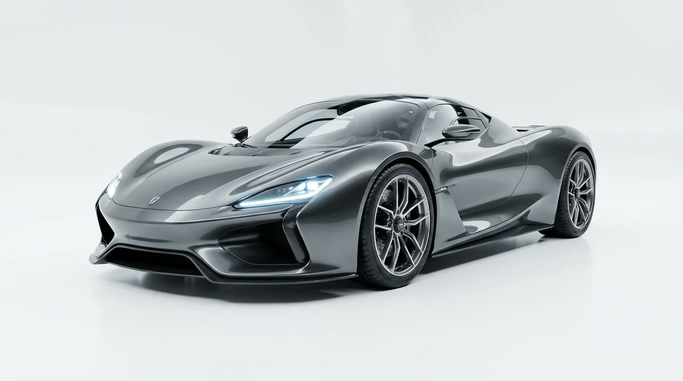 A hyper-realistic 3D render of a sleek, graphite-colored futuristic sports car with glowing headlights, showcased in a minimalist white studio setting.
