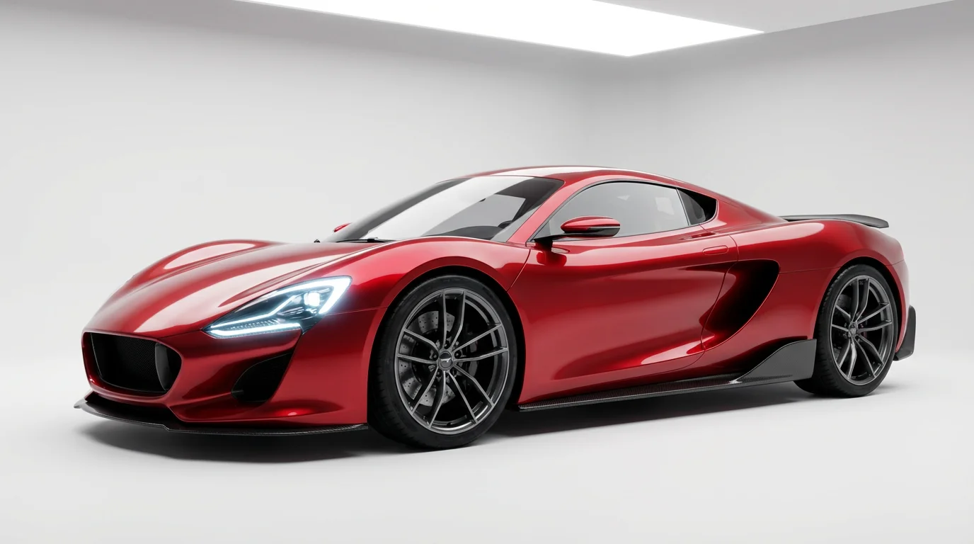A hyperrealistic 3D render of a sleek, futuristic concept sports car in a metallic red finish, showcased in a minimalist white studio setting with dramatic lighting highlighting its design.