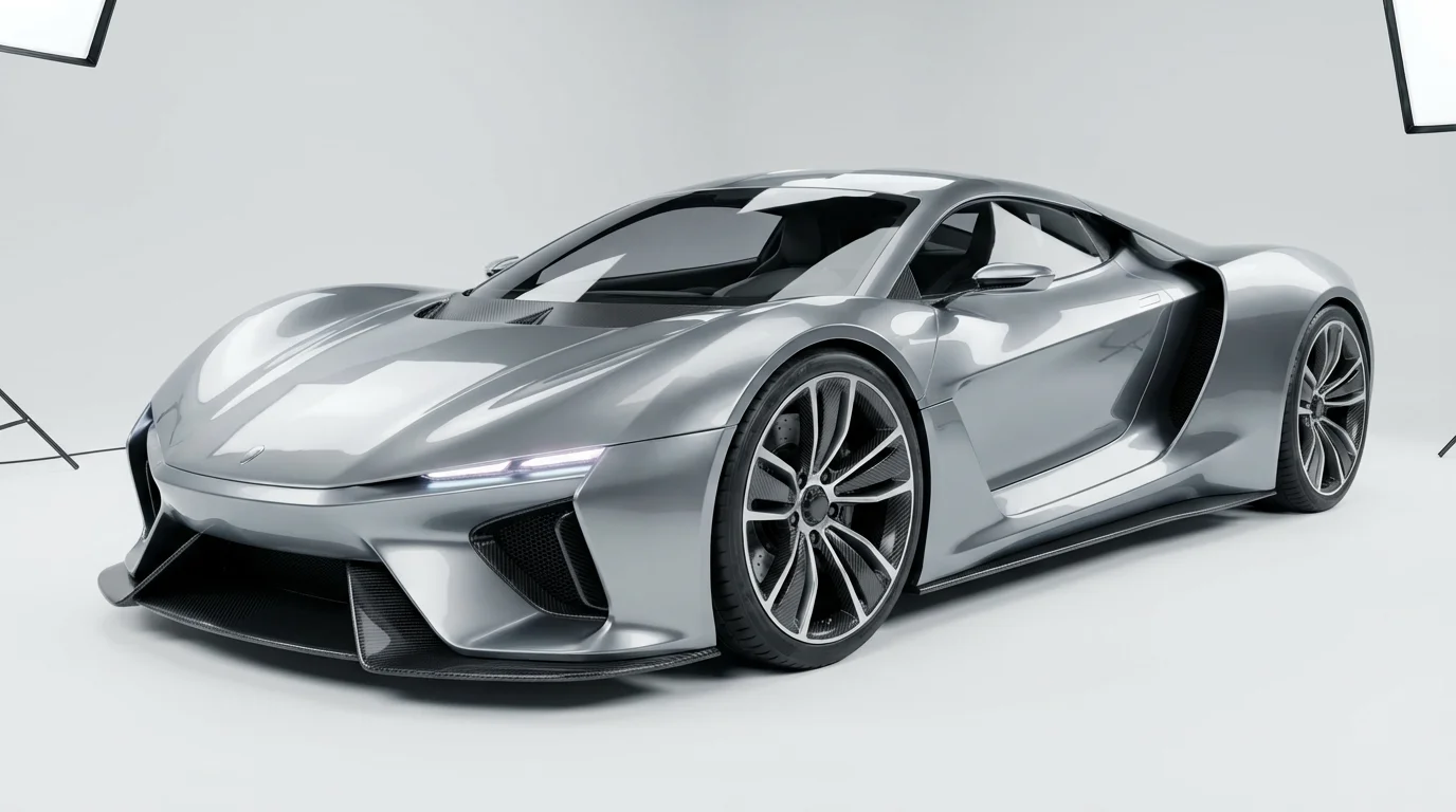 A hyper-realistic 3D render of a futuristic silver concept sports car with glowing headlights, showcased in a minimalist white studio setting.